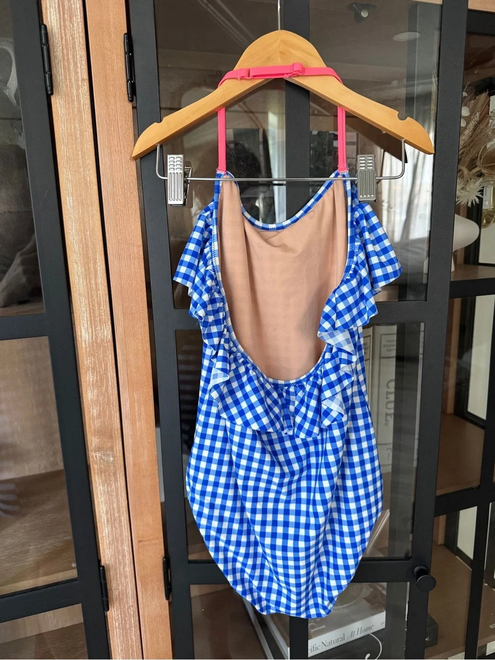 Crewcuts gingham one piece swimsuit cobalt royal blue halter ruffle girls check